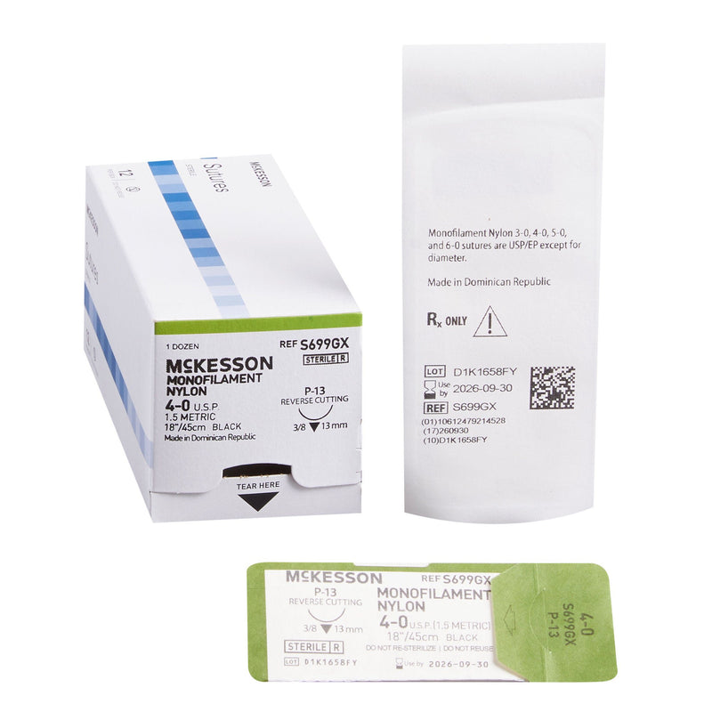 Nonabsorbable Suture with Needle McKesson Nylon P-13 3/8 Circle Precision Reverse Cutting Needle Size 4-0 Monofilament (Box of 12)