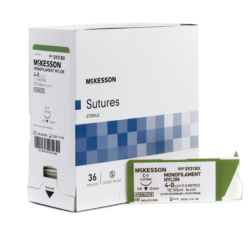 Nonabsorbable Suture with Needle McKesson Nylon C-1 3/8 Circle Taper Cutting Needle Size 4-0 Monofilament (Box of 36)