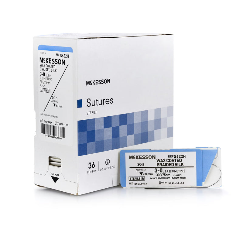 Nonabsorbable Suture with Needle McKesson Silk SC-2 Straight Conventional Cutting Needle Size 3-0 Braided (Box of 36)