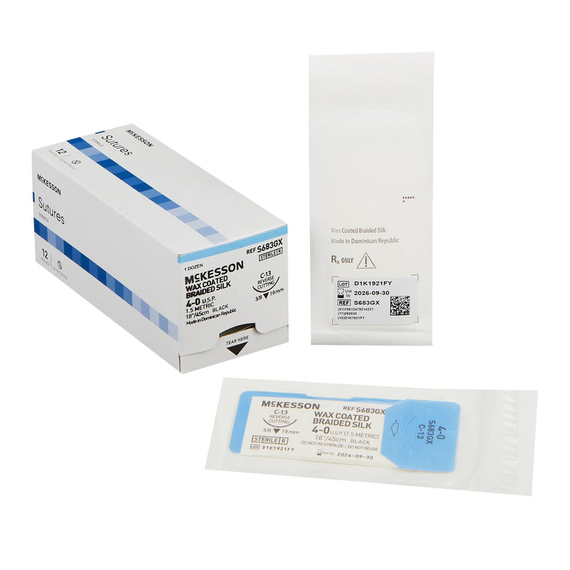 Nonabsorbable Suture with Needle McKesson Silk C-13 3/8 Circle Reverse Cutting Needle Size 4-0 Braided 