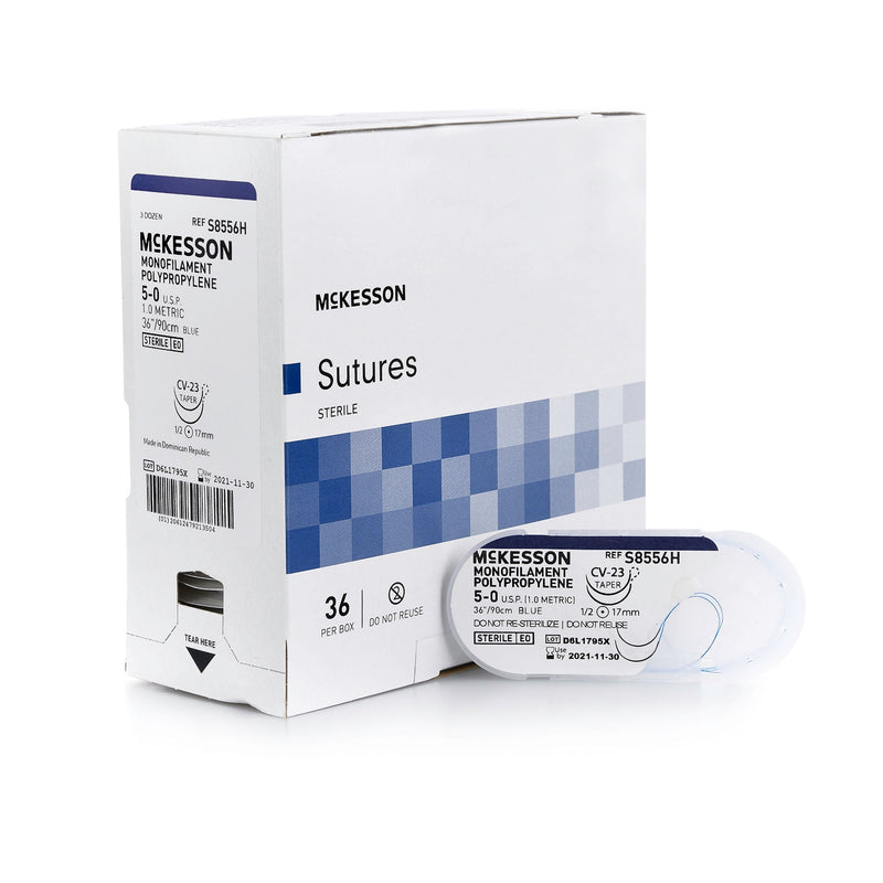 Nonabsorbable Suture with Needle McKesson Polypropylene CV-23 1/2 Circle Taper Point Needle Size 5-0 Monofilament (Box of 12)
