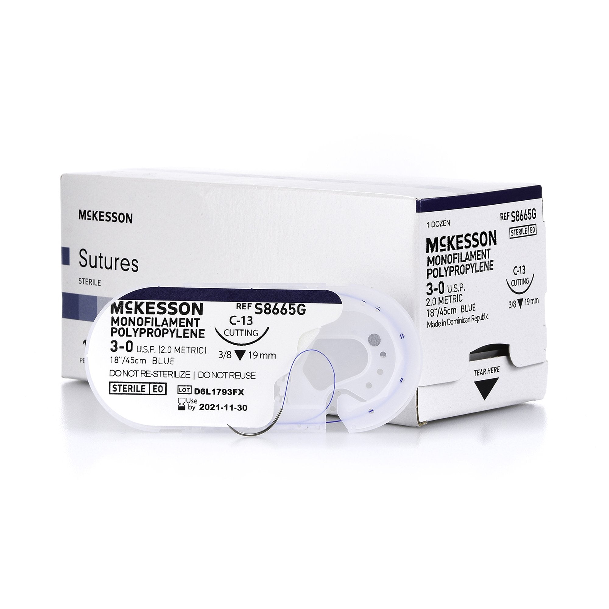 Nonabsorbable Suture with Needle McKesson Polypropylene C-13 3/8 Circle Reverse Cutting Needle Size 3-0 Monofilament 