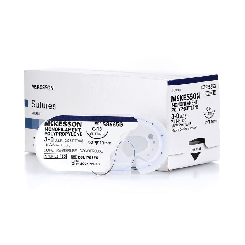 Nonabsorbable Suture with Needle McKesson Polypropylene C-13 3/8 Circle Reverse Cutting Needle Size 3-0 Monofilament (Box of 12)