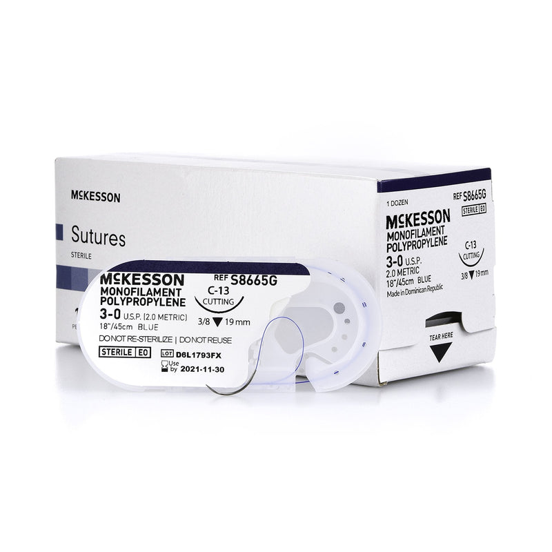 Nonabsorbable Suture with Needle McKesson Polypropylene C-13 3/8 Circle Reverse Cutting Needle Size 3-0 Monofilament 