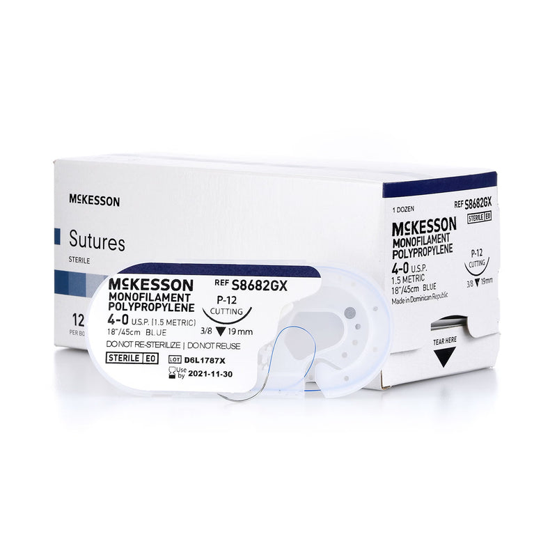 Nonabsorbable Suture with Needle McKesson Polypropylene P-12 3/8 Circle Precision Reverse Cutting Needle Size 4-0 Monofilament (Box of 12)