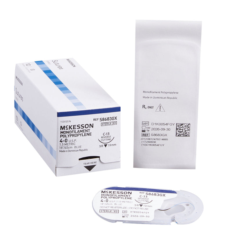 Nonabsorbable Suture with Needle McKesson Polypropylene C-13 3/8 Circle Reverse Cutting Needle Size 4-0 Monofilament (Box of 12)