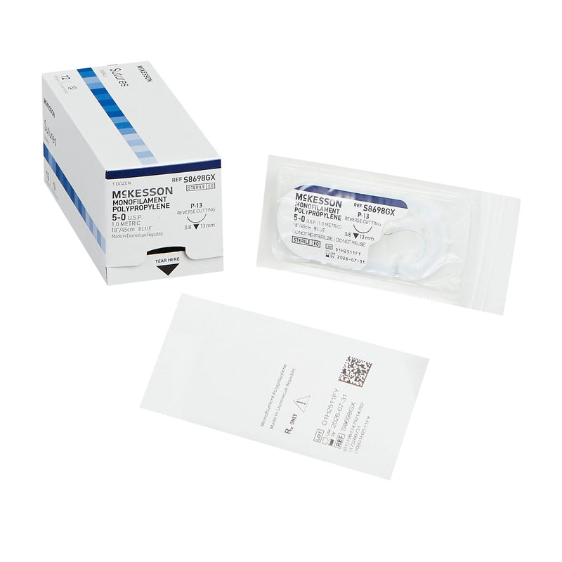 Nonabsorbable Suture with Needle McKesson Polypropylene P-13 3/8 Circle Precision Reverse Cutting Needle Size 5-0 Monofilament