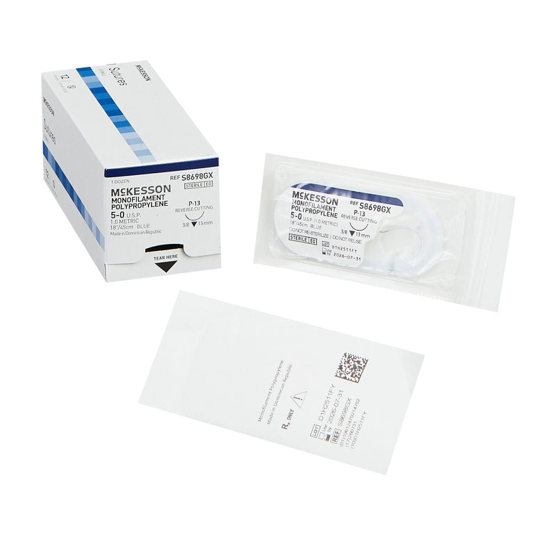 Nonabsorbable Suture with Needle McKesson Polypropylene P-13 3/8 Circle Precision Reverse Cutting Needle Size 5-0 Monofilament (Box of 12)