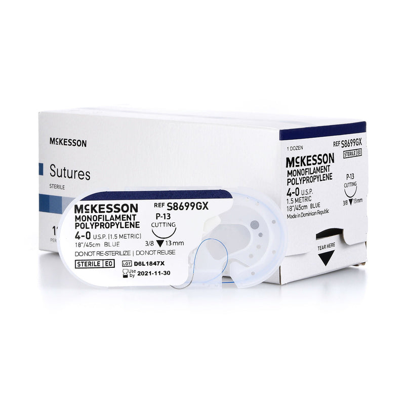 Nonabsorbable Suture with Needle McKesson Polypropylene P-13 3/8 Circle Precision Reverse Cutting Needle Size 4-0 Monofilament (Box of 12)