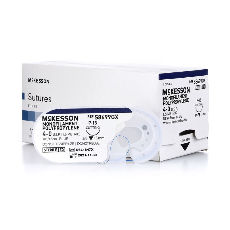 Nonabsorbable Suture with Needle McKesson Polypropylene P-13 3/8 Circle Precision Reverse Cutting Needle Size 4-0 Monofilament (Box of 12)
