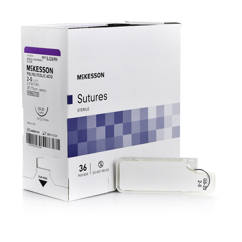 Absorbable Suture with Needle McKesson Polyglycolic Acid GS -22 1/2 Circle Taper Point Needle Size 2-0 Braided 