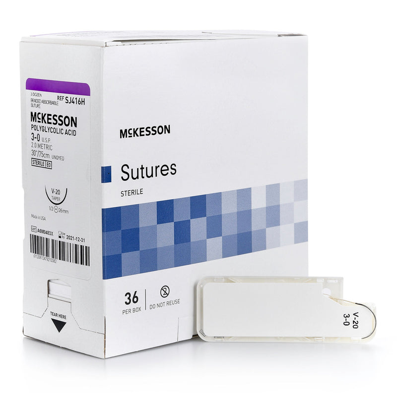Absorbable Suture with Needle McKesson Polyglycolic Acid V-20 1/2 Circle Taper Point Needle Size 3-0 Braided (Box of 36)