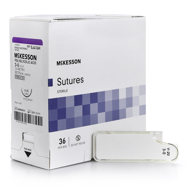 Absorbable Suture with Needle McKesson Polyglycolic Acid V-20 1/2 Circle Taper Point Needle Size 3-0 Braided 