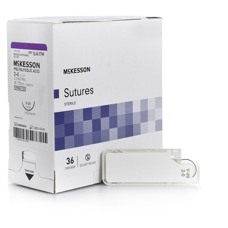 Absorbable Suture with Needle McKesson Polyglycolic Acid V-20 1/2 Circle Taper Point Needle Size 2-0 Braided 