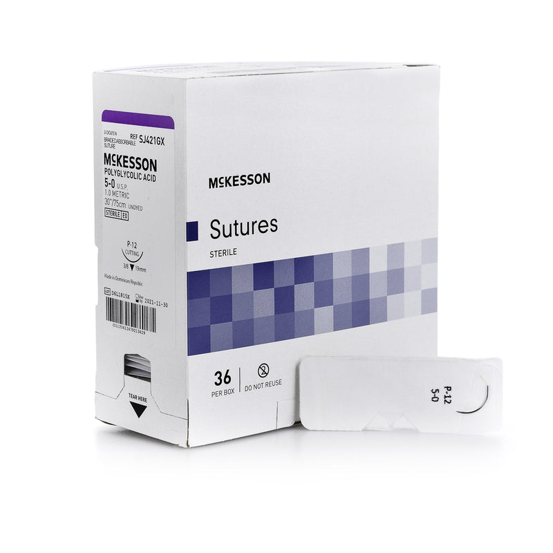 Absorbable Suture with Needle McKesson Polyglycolic Acid P-12 3/8 Circle Precision Reverse Cutting Needle Size 5-0 Braided 