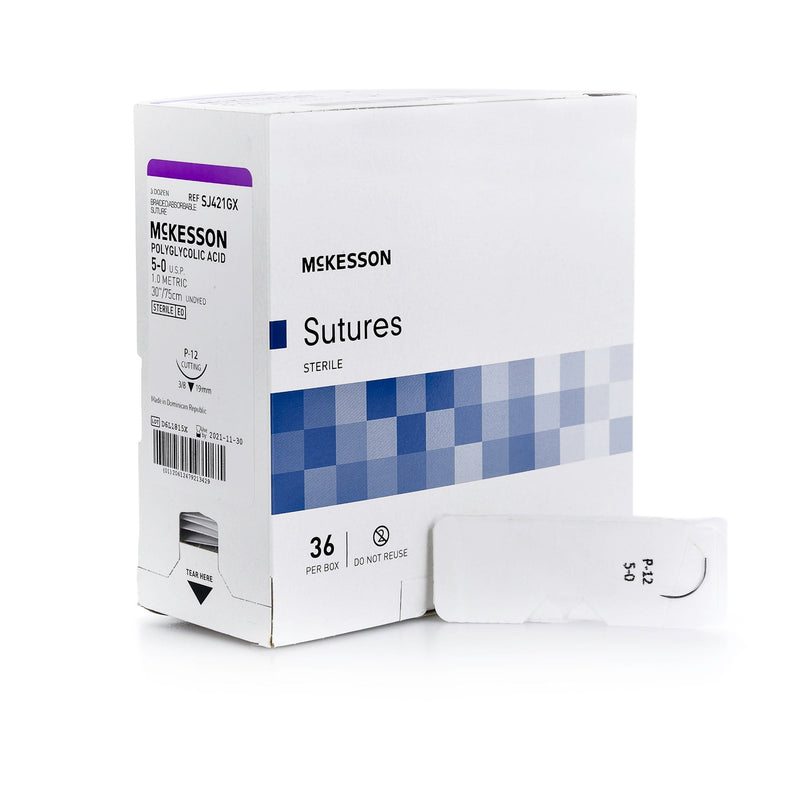 Absorbable Suture with Needle McKesson Polyglycolic Acid P-12 3/8 Circle Precision Reverse Cutting Needle Size 5-0 Braided (Box of 36)