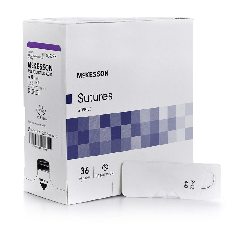 Absorbable Suture with Needle McKesson Polyglycolic Acid P-12 3/8 Circle Precision Reverse Cutting Needle Size 4-0 Braided 