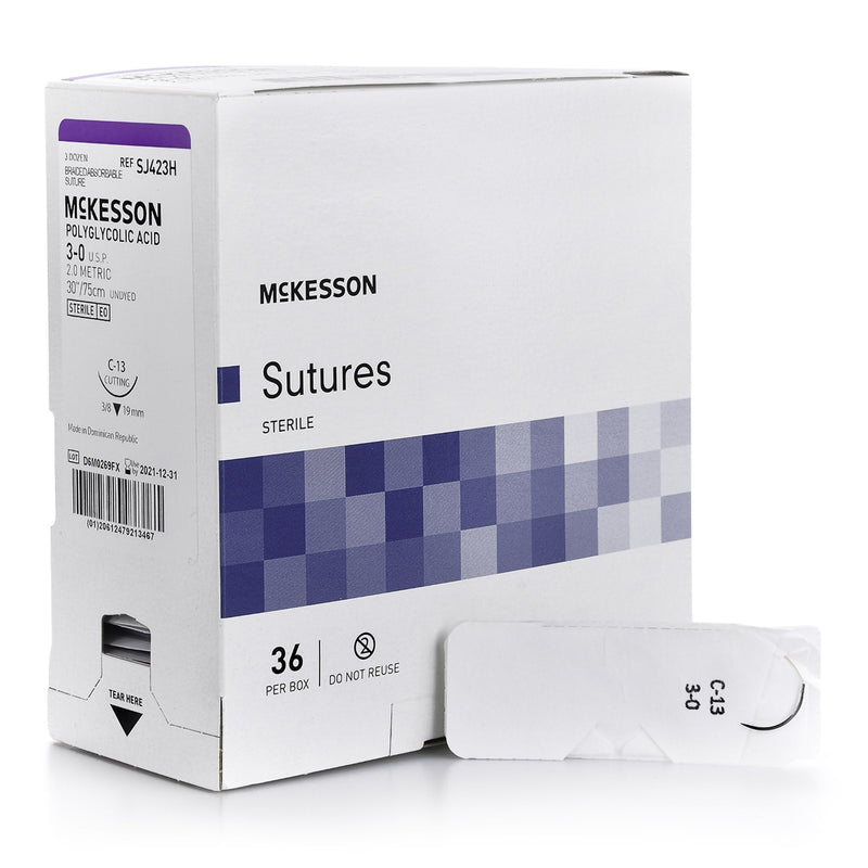 Absorbable Suture with Needle McKesson Polyglycolic Acid C-13 3/8 Circle Reverse Cutting Needle Size 3-0 Braided 