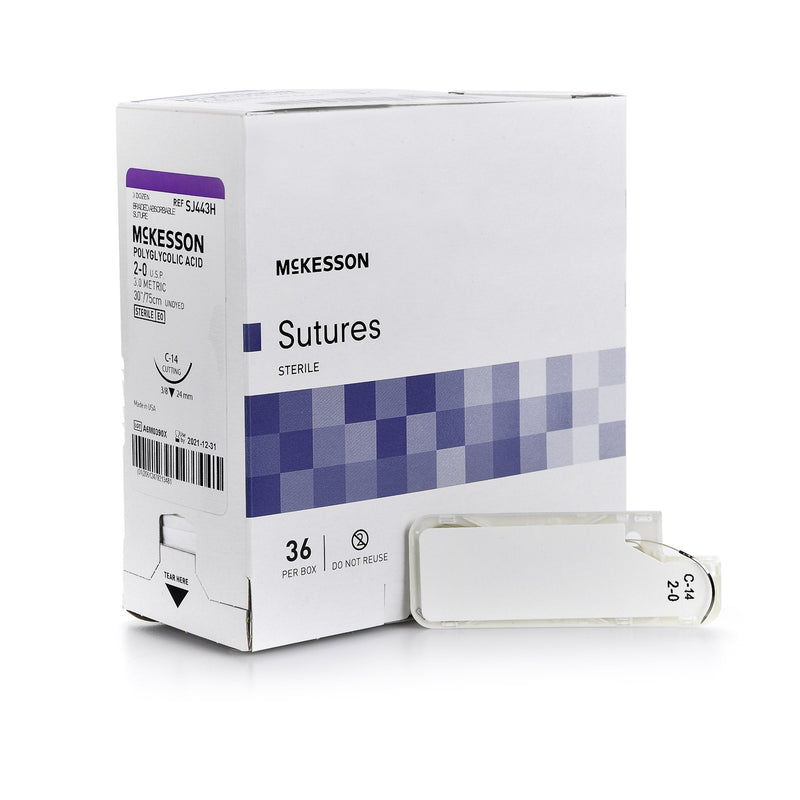 Absorbable Suture with Needle McKesson Polyglycolic Acid C-14 3/8 Circle Reverse Cutting Needle Size 2-0 Braided 