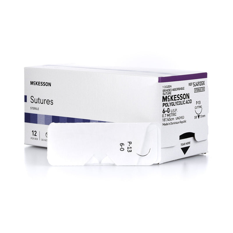 Absorbable Suture with Needle McKesson Polyglycolic Acid P-13 3/8 Circle Precision Reverse Cutting Needle Size 6-0 Braided 