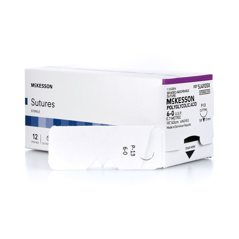Absorbable Suture with Needle McKesson Polyglycolic Acid P-13 3/8 Circle Precision Reverse Cutting Needle Size 6-0 Braided 