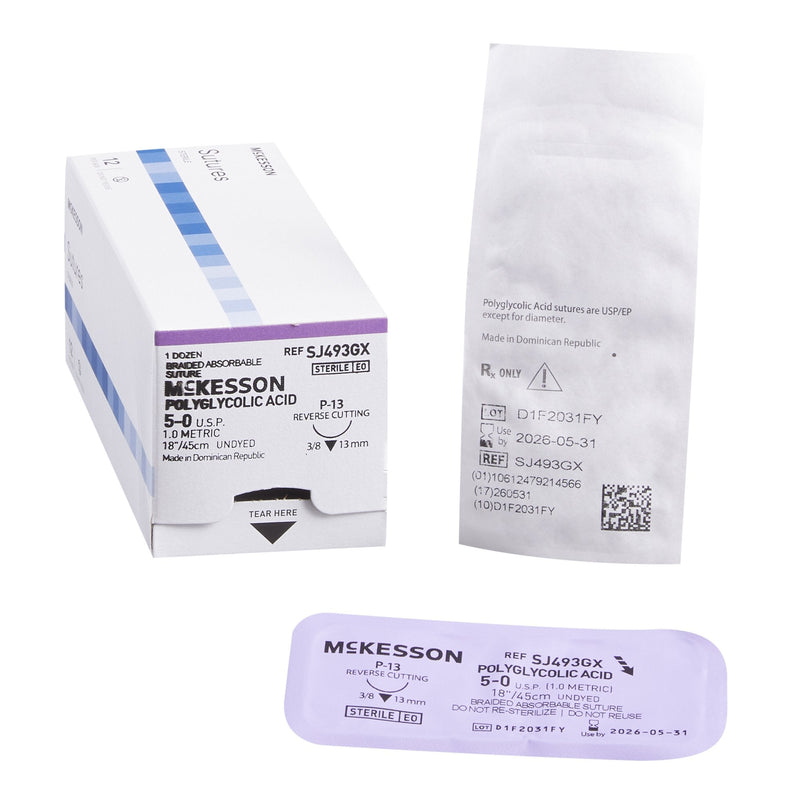 Absorbable Suture with Needle McKesson Polyglycolic Acid P-13 3/8 Circle Precision Reverse Cutting Needle Size 5-0 Braided 