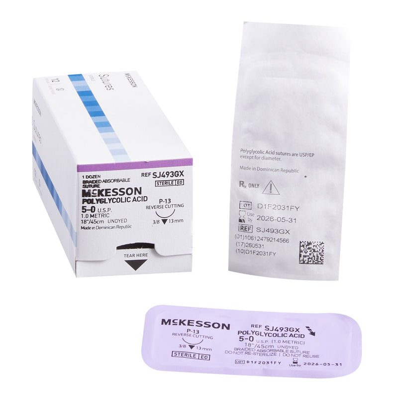 Absorbable Suture with Needle McKesson Polyglycolic Acid P-13 3/8 Circle Precision Reverse Cutting Needle Size 5-0 Braided (Box of 12)