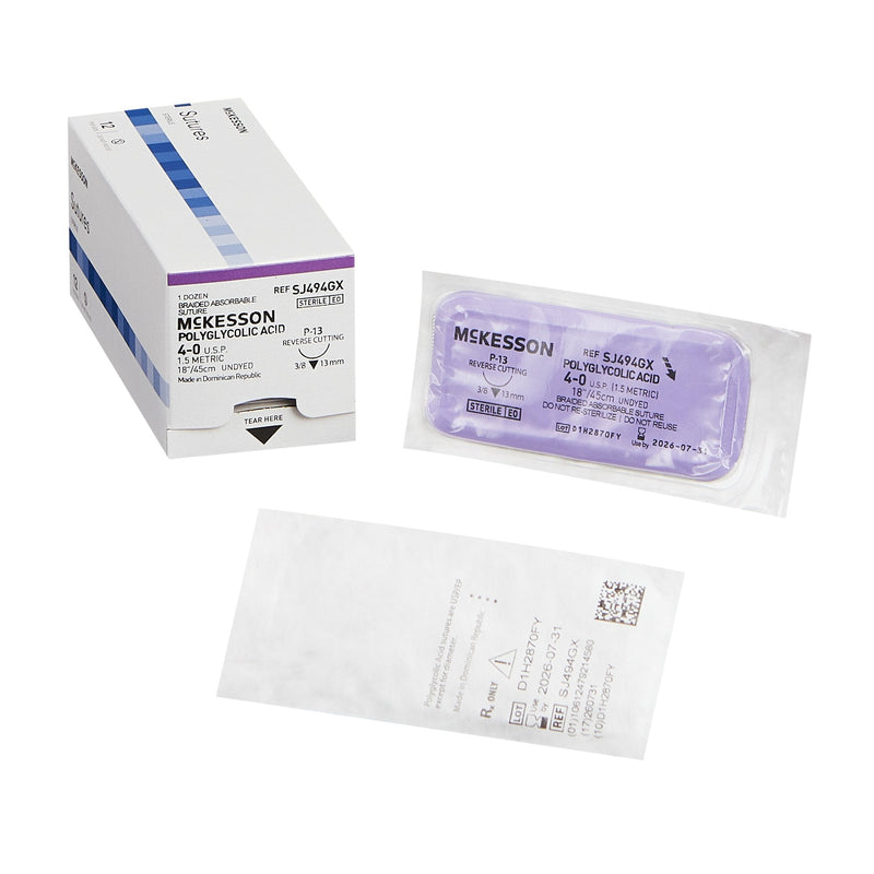 Absorbable Suture with Needle McKesson Polyglycolic Acid P-13 3/8 Circle Precision Reverse Cutting Needle Size 4-0 Braided 