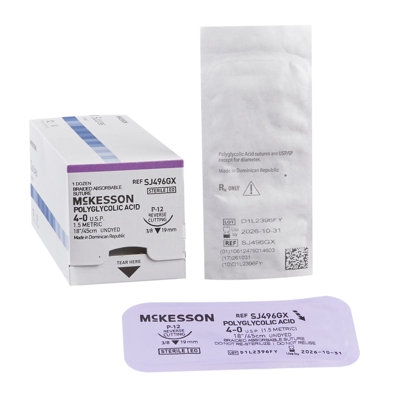 Absorbable Suture with Needle McKesson Polyglycolic Acid P-12 3/8 Circle Precision Reverse Cutting Needle Size 4-0 Braided 