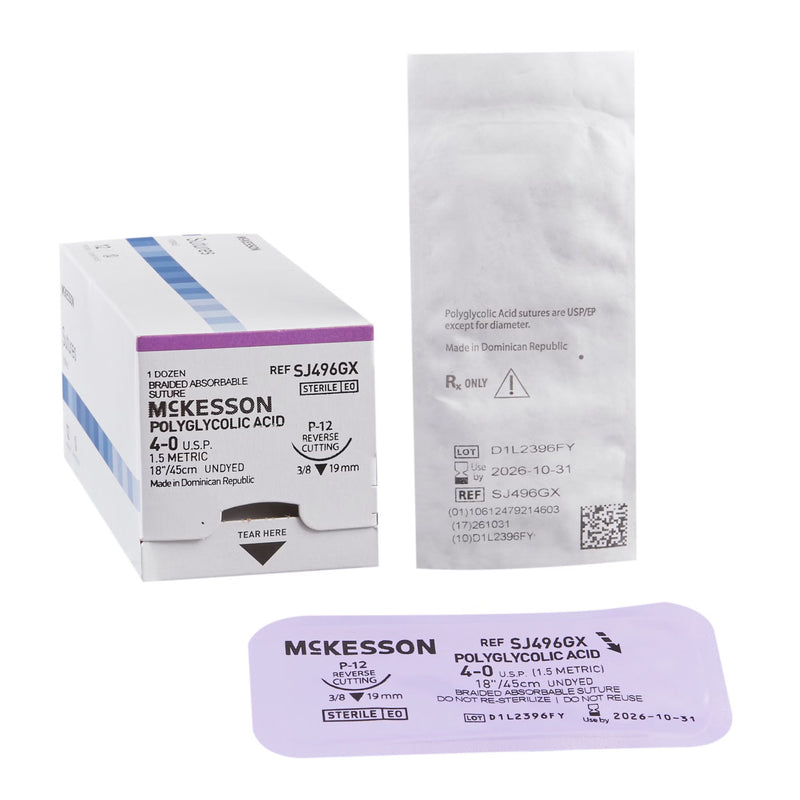 Absorbable Suture with Needle McKesson Polyglycolic Acid P-12 3/8 Circle Precision Reverse Cutting Needle Size 4-0 Braided (Box of 12)