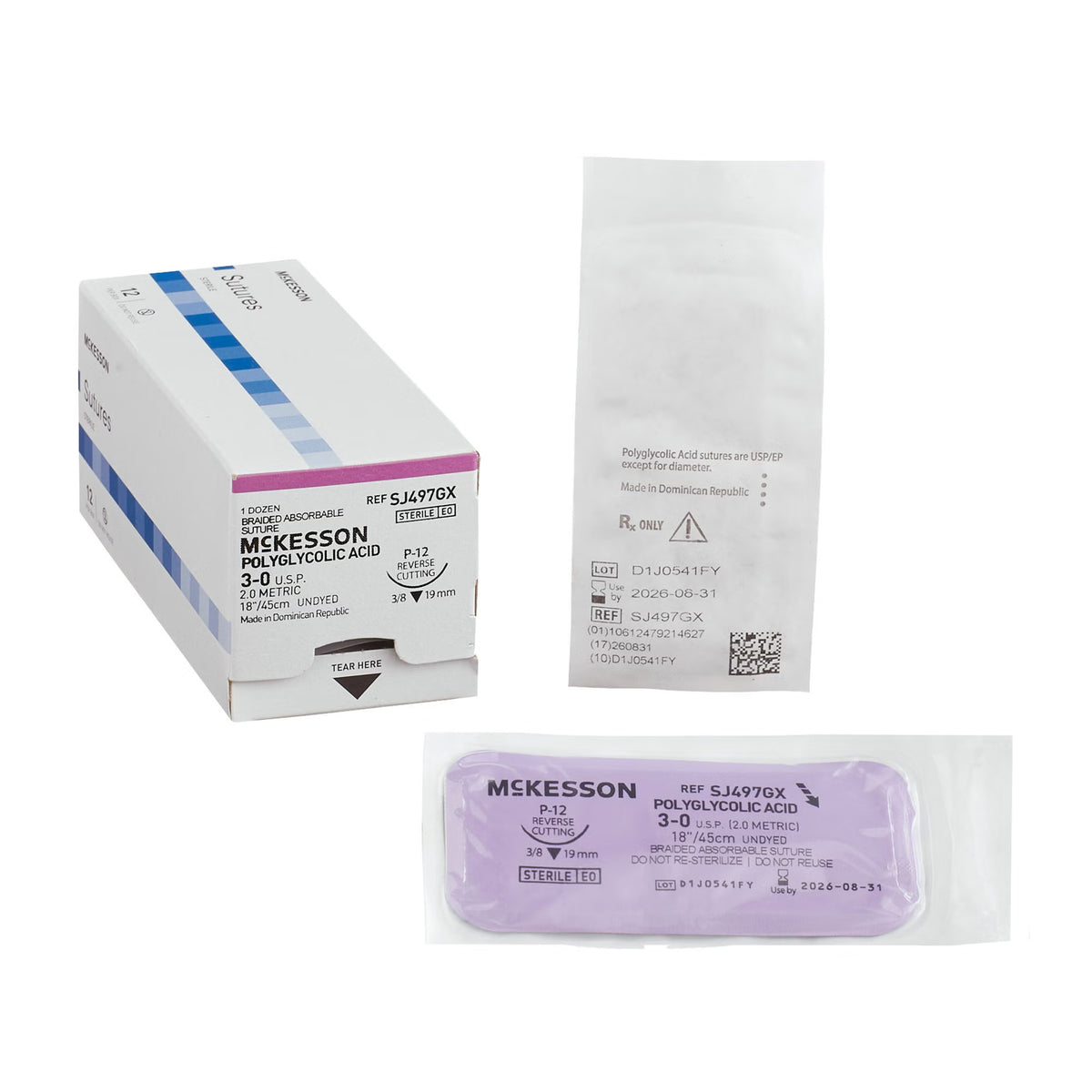 Absorbable Suture with Needle McKesson Polyglycolic Acid P-12 3/8 Circle Precision Reverse Cutting Needle Size 3-0 Braided (Box of 12)