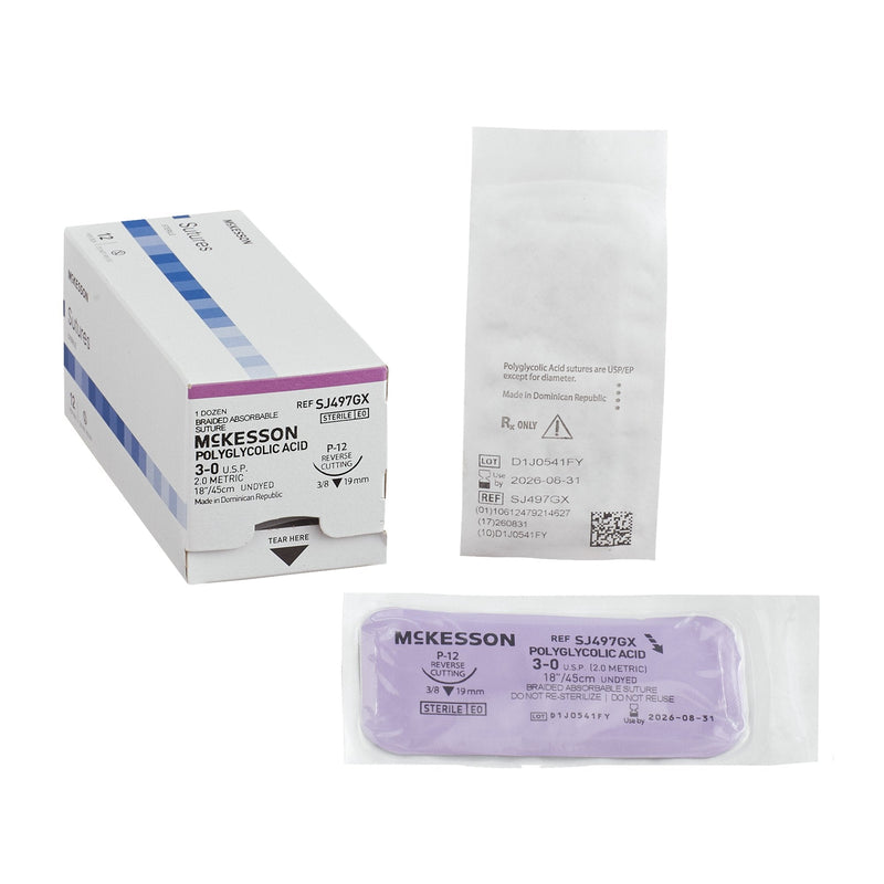 Absorbable Suture with Needle McKesson Polyglycolic Acid P-12 3/8 Circle Precision Reverse Cutting Needle Size 3-0 Braided 