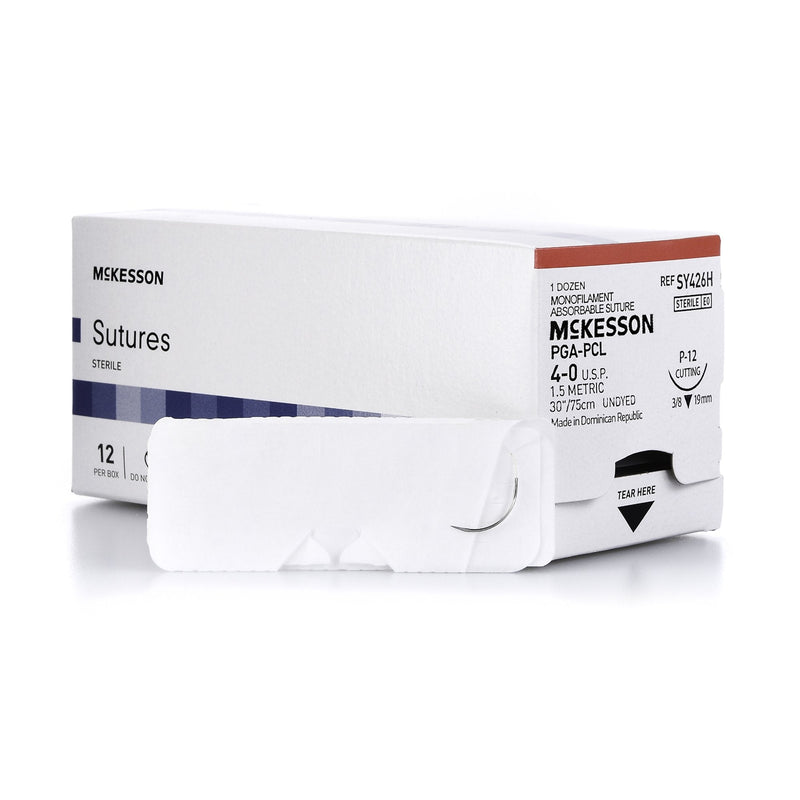 Absorbable Suture with Needle McKesson Polyglycolic Acid / PCL P-12 3/8 Circle Precision Reverse Cutting Needle Size 4-0 Monofilament 