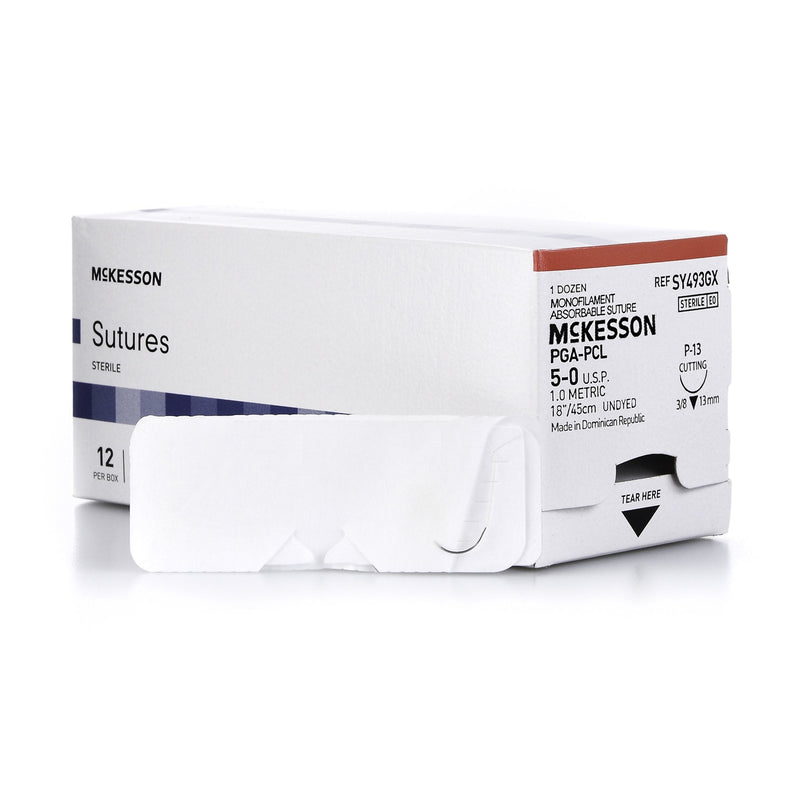 Absorbable Suture with Needle McKesson Polyglycolic Acid / PCL P-13 3/8 Circle Precision Reverse Cutting Needle Size 5-0 Monofilament 