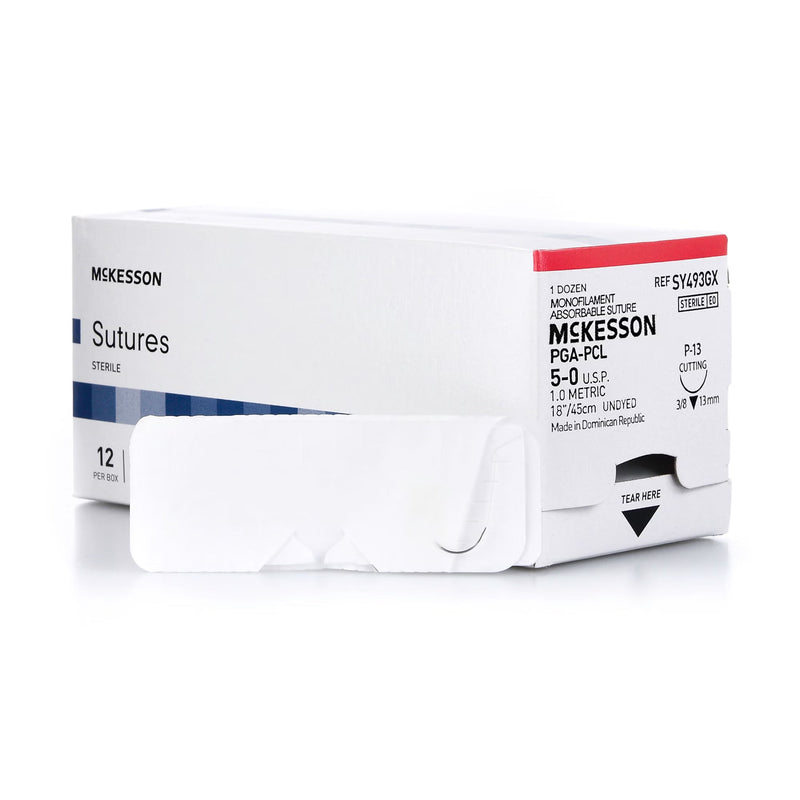 Absorbable Suture with Needle McKesson Polyglycolic Acid / PCL P-13 3/8 Circle Precision Reverse Cutting Needle Size 5-0 Monofilament 