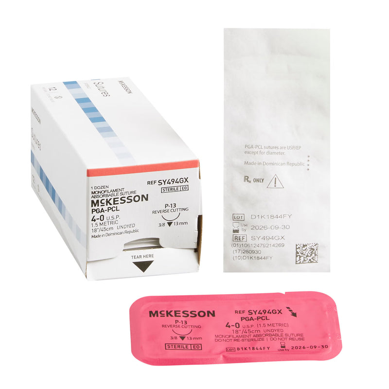 Absorbable Suture with Needle McKesson Polyglycolic Acid / PCL P-13 3/8 Circle Precision Reverse Cutting Needle Size 4-0 Monofilament (Box of 12)