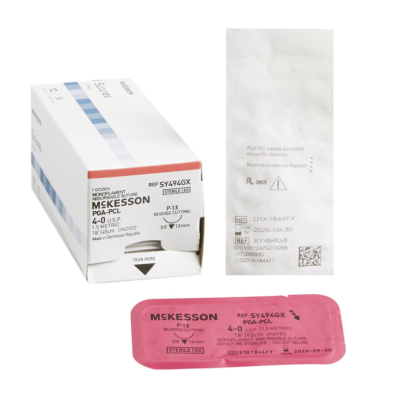 Absorbable Suture with Needle McKesson Polyglycolic Acid / PCL P-13 3/8 Circle Precision Reverse Cutting Needle Size 4-0 Monofilament 