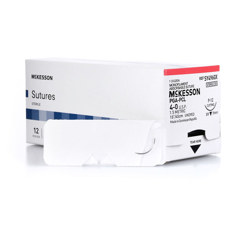 Absorbable Suture with Needle McKesson Polyglycolic Acid / PCL P-12 3/8 Circle Precision Reverse Cutting Needle Size 4-0 Monofilament (Box of 12)