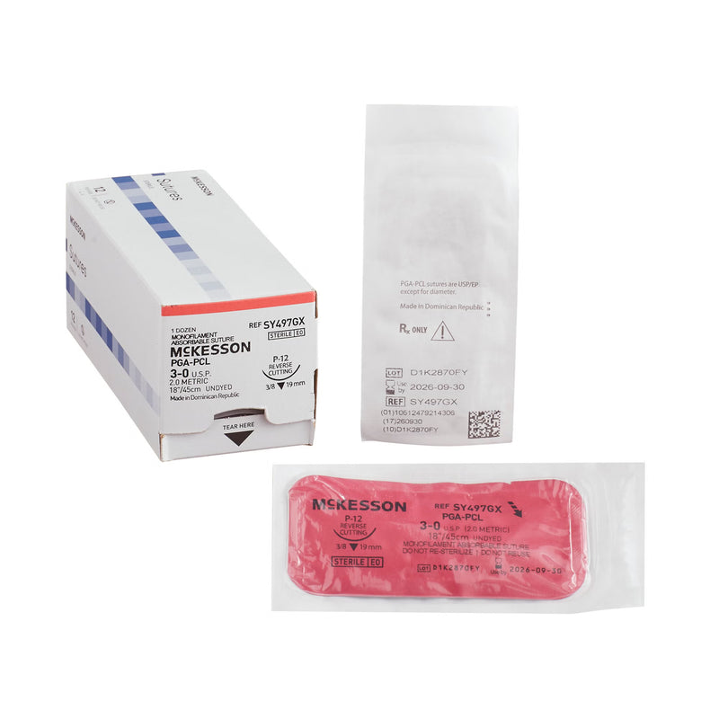 Absorbable Suture with Needle McKesson Polyglycolic Acid / PCL P-12 3/8 Circle Precision Reverse Cutting Needle Size 3-0 Monofilament (Box of 12)