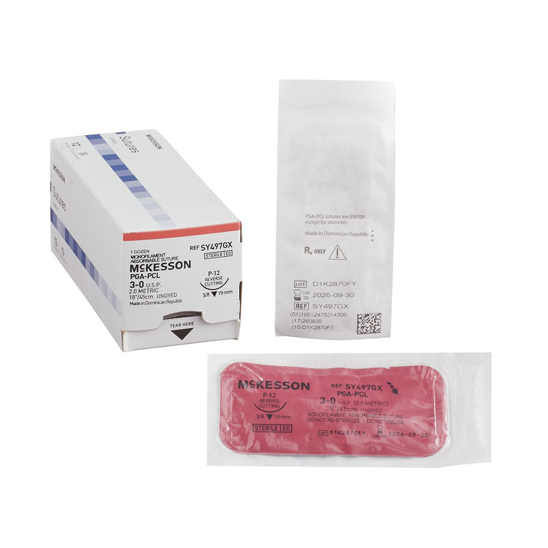 Absorbable Suture with Needle McKesson Polyglycolic Acid / PCL P-12 3/8 Circle Precision Reverse Cutting Needle Size 3-0 Monofilament 