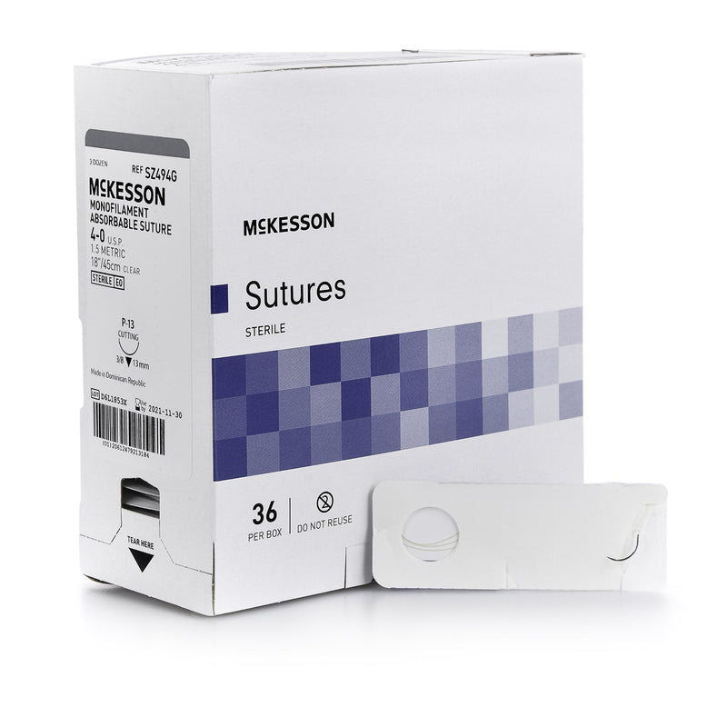 Absorbable Suture with Needle McKesson Monofilament P-13 3/8 Circle Precision Reverse Cutting Needle Size 4-0 Monofilament 