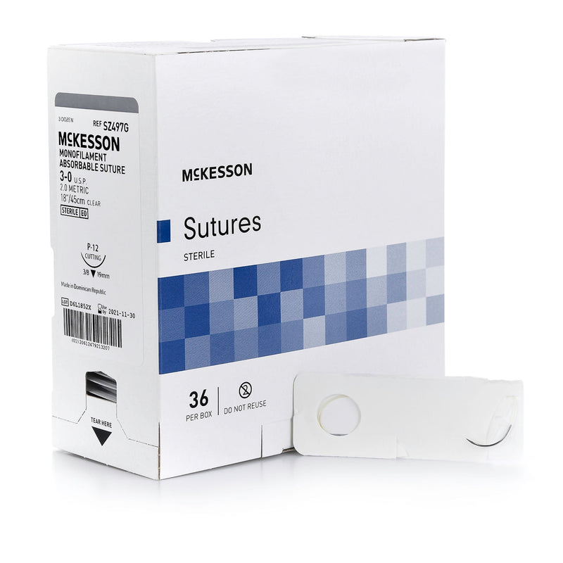 Absorbable Suture with Needle McKesson Monofilament P-12 3/8 Circle Precision Reverse Cutting Needle Size 3-0 Monofilament 