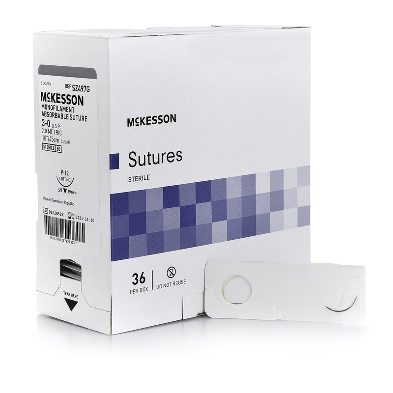 Absorbable Suture with Needle McKesson Monofilament P-12 3/8 Circle Precision Reverse Cutting Needle Size 3-0 Monofilament 