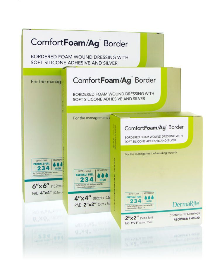 Silver Foam Dressing ComfortFoam/Ag Border 4 X 4 Inch Square Sterile (Box of 10)