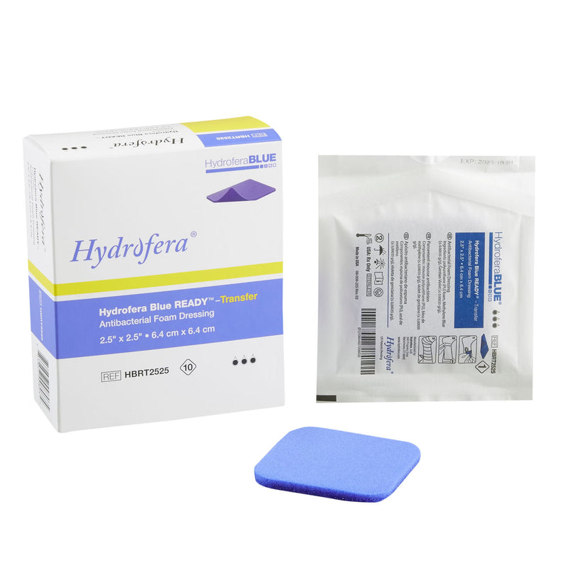 Antibacterial Foam Dressing Hydrofera BLUE READY-Transfer 2-1/2 X 2-1/2 Inch Without Border Without Film Backing Nonadhesive Square Sterile (Box of 10)