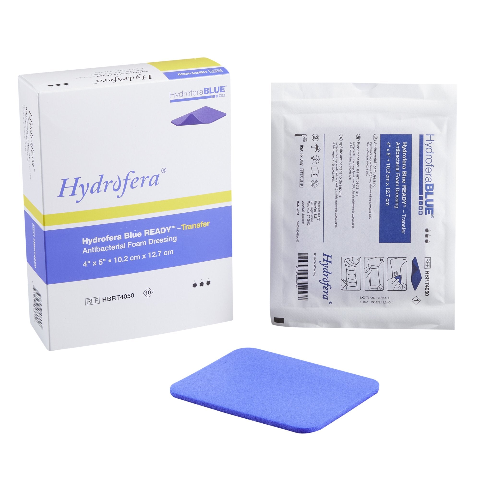 Antibacterial Foam Dressing Hydrofera BLUE READY-Transfer 4 X 5 Inch Without Border Without Film Backing Nonadhesive Rectangle Sterile 