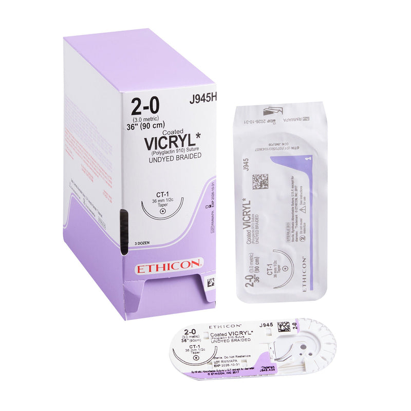 Absorbable Suture with Needle Coated Vicryl Polyglactin 910 CT-1 1/2 Circle Taper Point Needle Size 2-0 Braided (Box of 36)