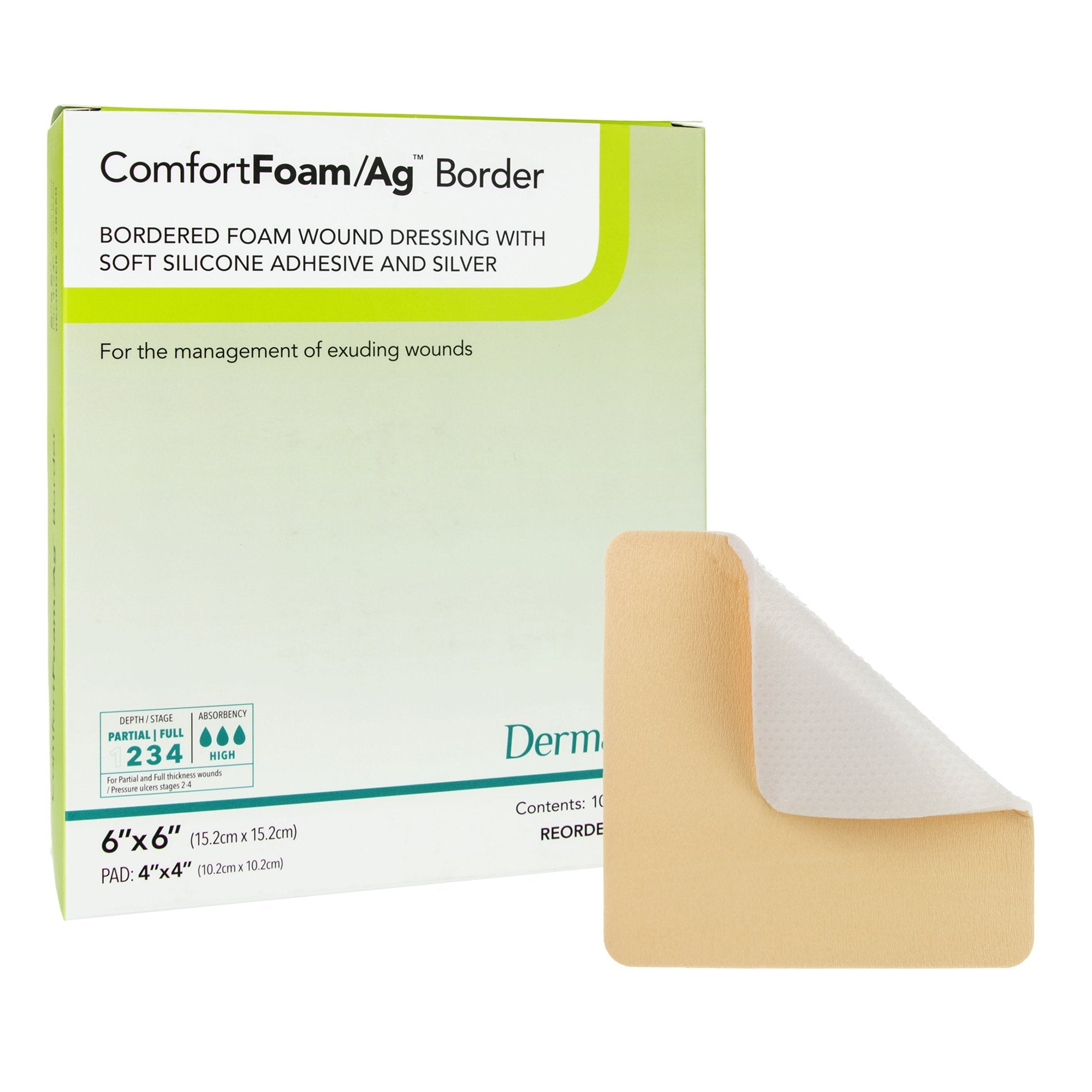 Silver Foam Dressing ComfortFoam/Ag Border 6 X 6 Inch Square Sterile 