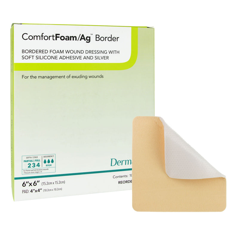 Silver Foam Dressing ComfortFoam/Ag Border 6 X 6 Inch Square Sterile (Box)