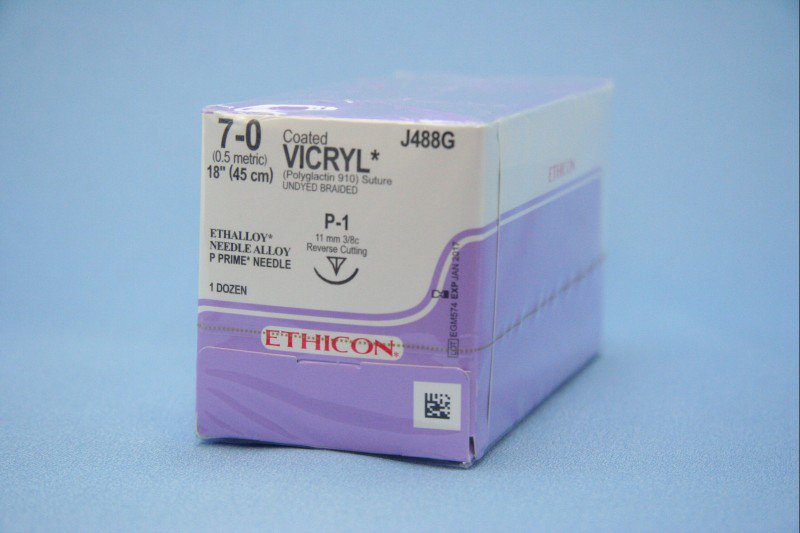 Absorbable Suture with Needle Coated Vicryl Polyglactin 910 P-1 3/8 Circle Precision Reverse Cutting Needle Size 7-0 Braided 